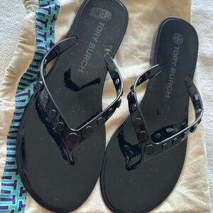 Tory Burch Black Gloss Jelly Studded Flip Flop Sandals